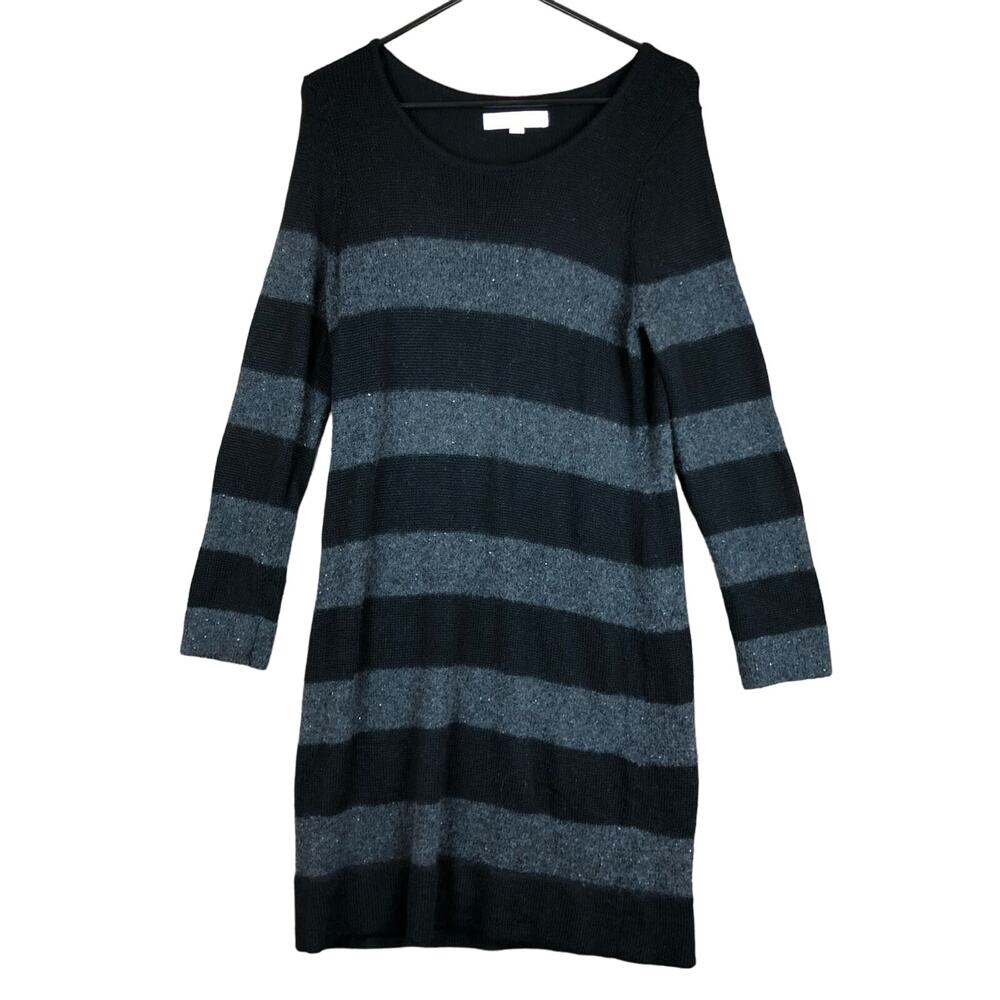 Ann Taylor LOFT Womens Sweater Dress Gray Black Striped Wool Alpaca Sequins LP